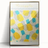 Large art print of assorted fruits in bold colors on a gold acrylic frame, styled in mid-century modernist design.