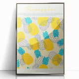Mid-century modernist art featuring an array of fruits in vibrant colors on a silver-framed acrylic.