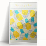 Art deco poster of assorted fruits in vibrant colors, framed in white acrylic, ideal for nursery wall art.