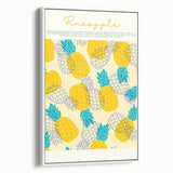 Vintage poster art featuring an array of colorful fruits on a white framed canvas, ideal for living room decor.