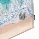 Close-up of a vibrant acrylic landscape painting showcasing serene beaches with turquoise waters and golden sands, ideal for coastal home decor.