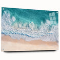 Acrylic glass side view of a vibrant beach landscape artwork, showcasing vivid colors and intricate details, displayed with decorative pins for an artistic touch.