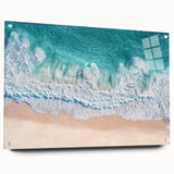 Acrylic glass side view of a vibrant beach landscape artwork, showcasing vivid colors and intricate details, displayed with decorative pins for an artistic touch.