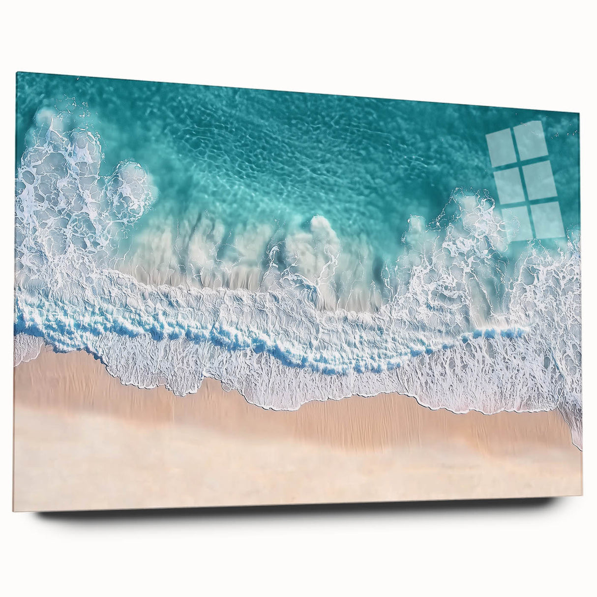 Acrylic glass artwork depicting a serene beach landscape, showcasing vibrant colors and fine details. The piece features a side view design, perfect for coastal decor enthusiasts.