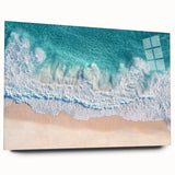 Acrylic glass artwork depicting a serene beach landscape, showcasing vibrant colors and fine details. The piece features a side view design, perfect for coastal decor enthusiasts.