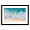 Landscape beach art print in a sleek black frame with a white mat, showcasing serene ocean waves and sandy shores, perfect for coastal-themed decor.