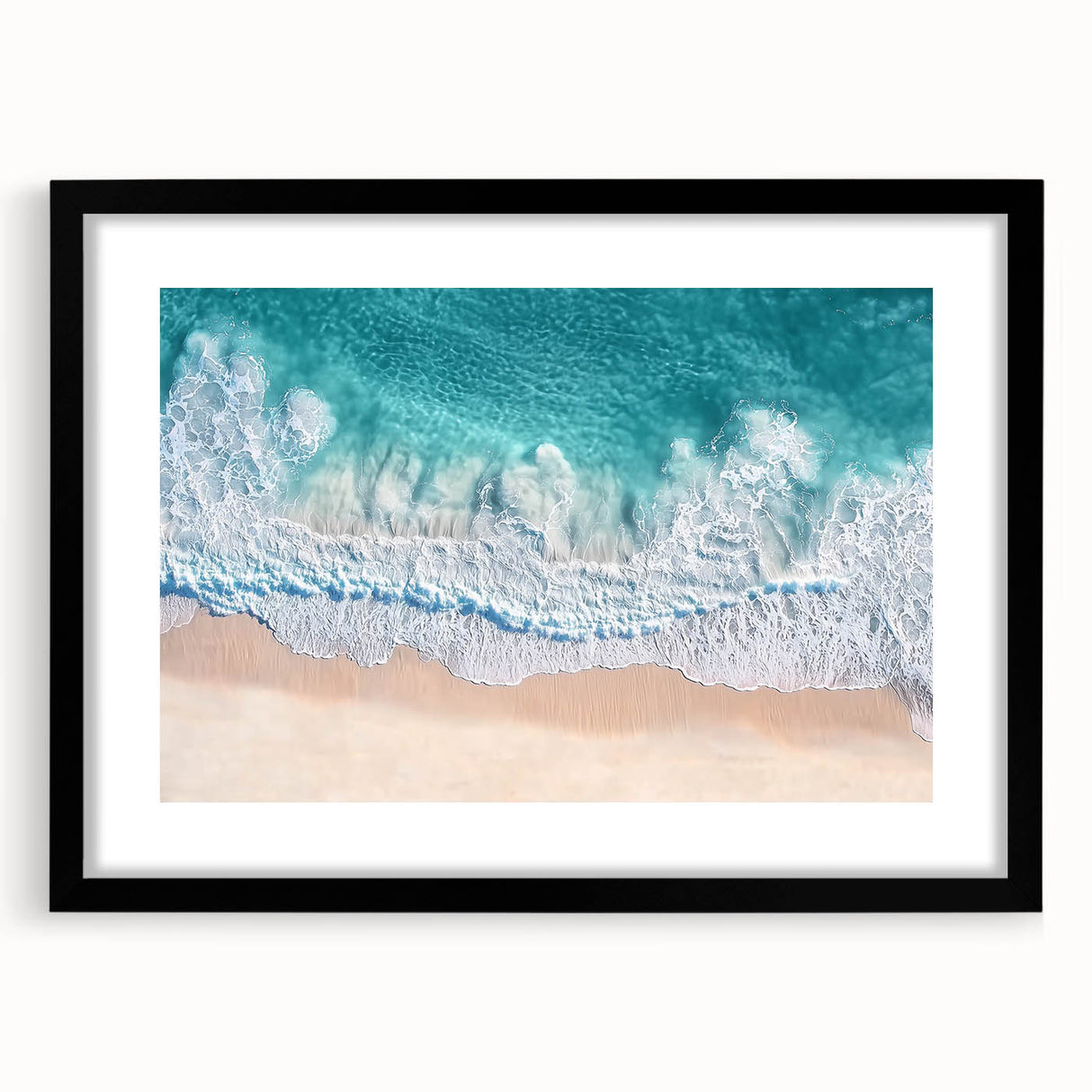 Landscape beach art print in a sleek black frame with a white mat, showcasing serene ocean waves and sandy shores, perfect for coastal-themed decor.