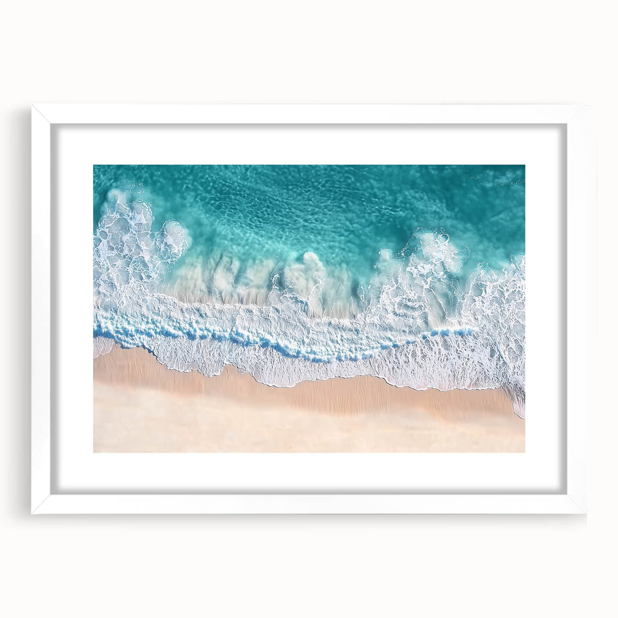 Framed landscape artwork depicting serene beaches with a white mat, showcasing soft blue skies and gentle waves, perfect for coastal-themed decor.