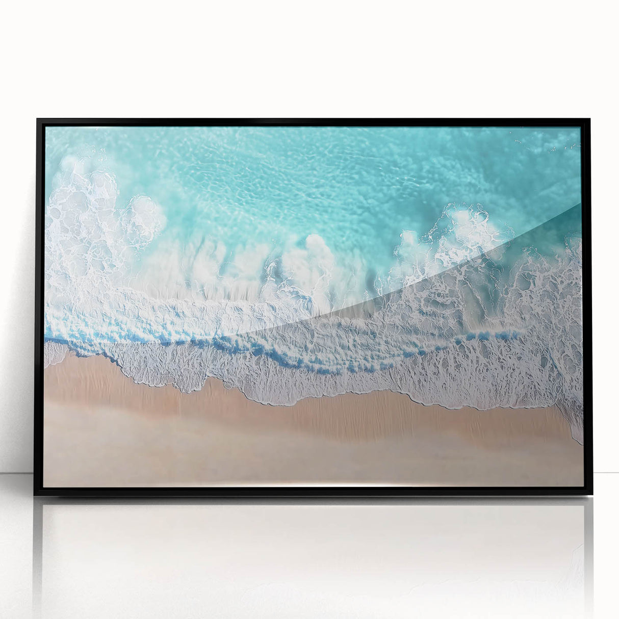 Framed acrylic artwork depicting a serene beach landscape, showcasing vibrant colors and intricate details, with a sleek black frame enhancing its modern aesthetic. Perfect for coastal decor enthusiasts seeking to elevate their living space.