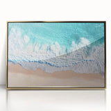 Framed acrylic artwork showcasing a vibrant beach landscape with golden tones, perfect for home decor. Ideal for adding a serene coastal vibe to interiors.