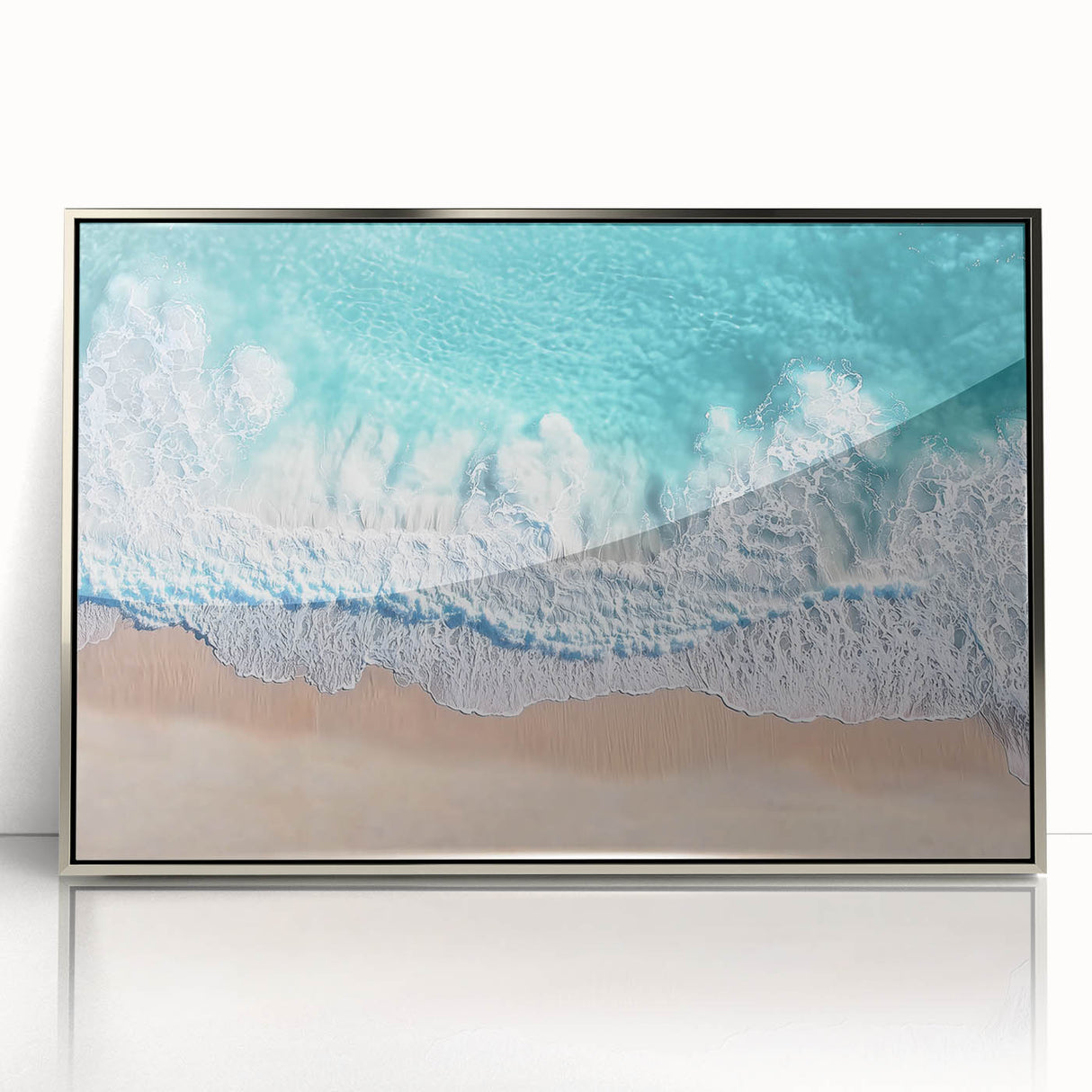 Framed acrylic artwork depicting a serene beach landscape with vibrant colors, showcasing gentle waves and a clear sky, perfect for coastal decor enthusiasts.