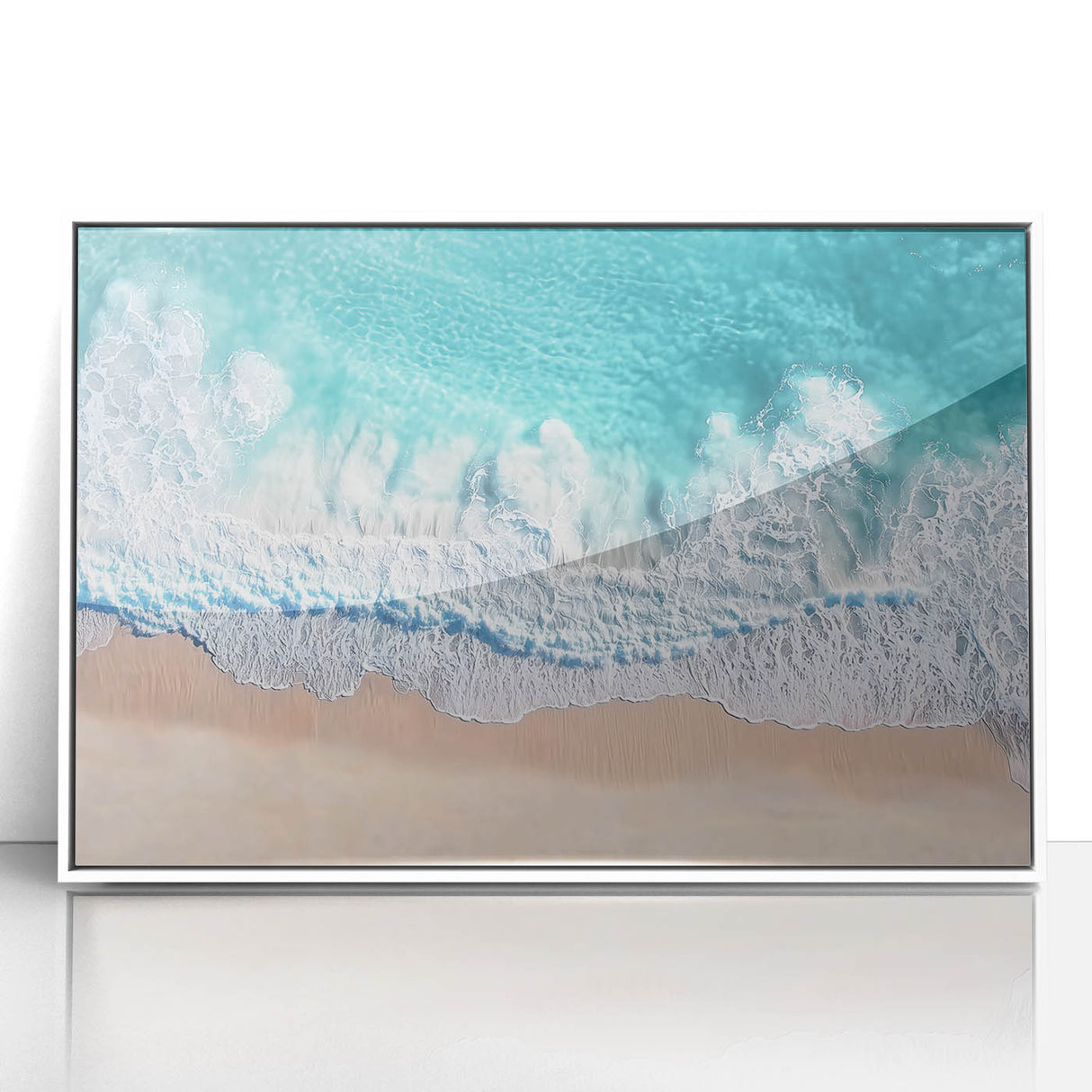 Framed acrylic artwork depicting a serene beach landscape with vibrant colors, perfect for home decor, enhancing any living space with a coastal vibe.
