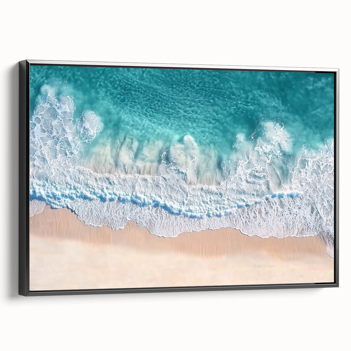 Framed canvas print showcasing a serene beach landscape with vibrant colors and intricate details, presented in a sleek black frame from a side view. Ideal for home decor.