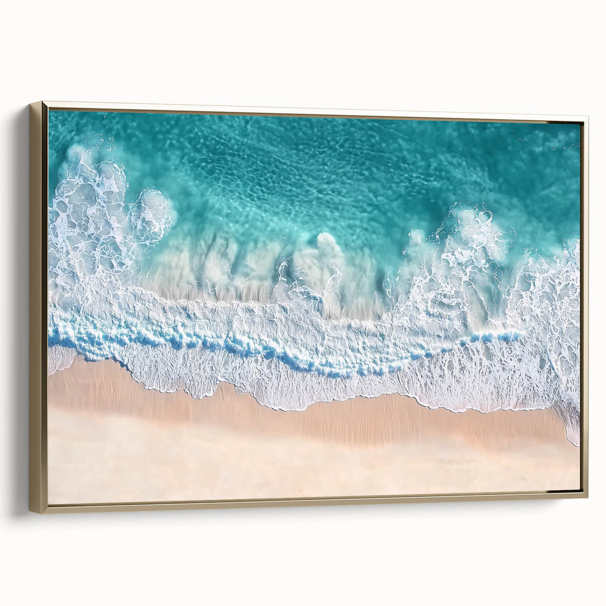 Framed canvas artwork showcasing a serene beach landscape with golden accents, emphasizing tranquility and elegance, perfect for home decor and relaxation.