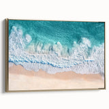 Framed canvas artwork showcasing a serene beach landscape with golden accents, emphasizing tranquility and elegance, perfect for home decor and relaxation.