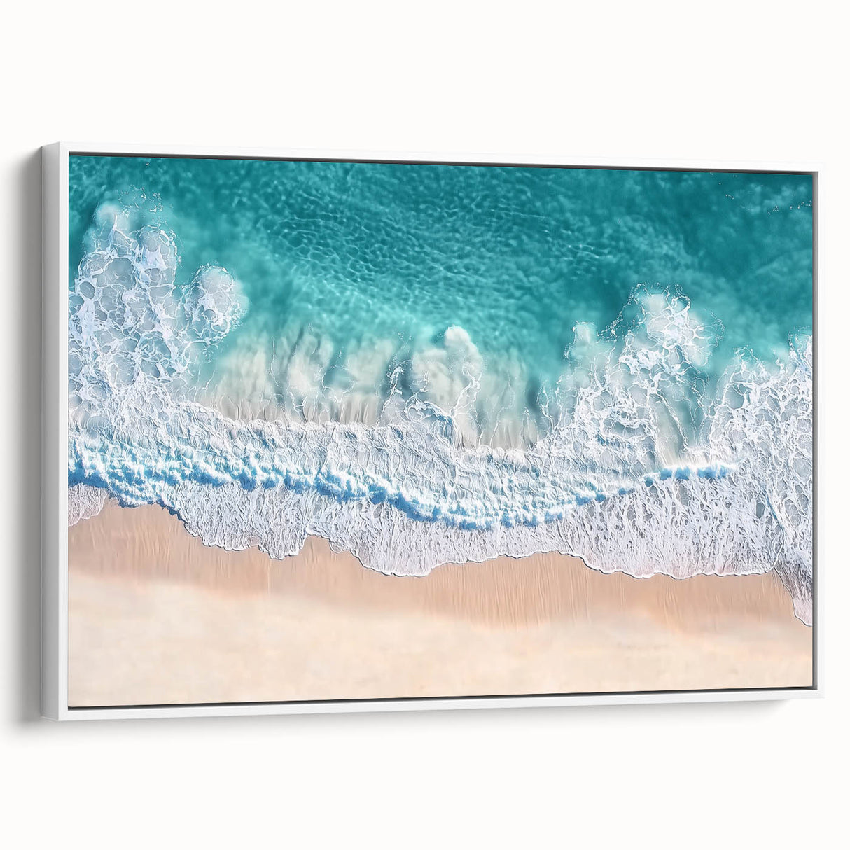 Framed canvas art depicting a serene beach landscape with soft pastel colors, showcasing tranquil waves and a clear sky, perfect for coastal home decor.