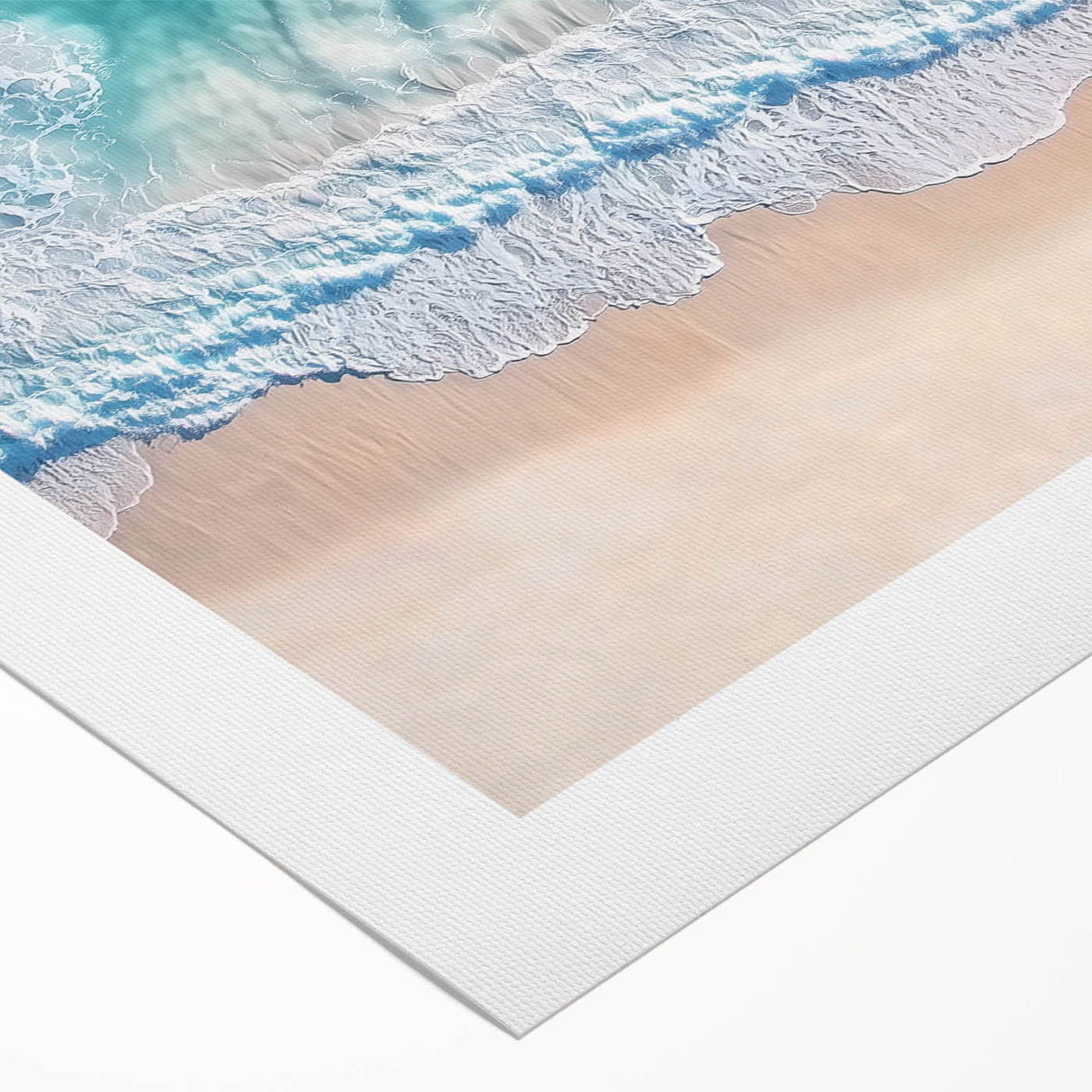 Rolled canvas showcasing a vibrant beach scene with turquoise waters and golden sand, beautifully packaged in a protective cardboard tube for safe delivery.