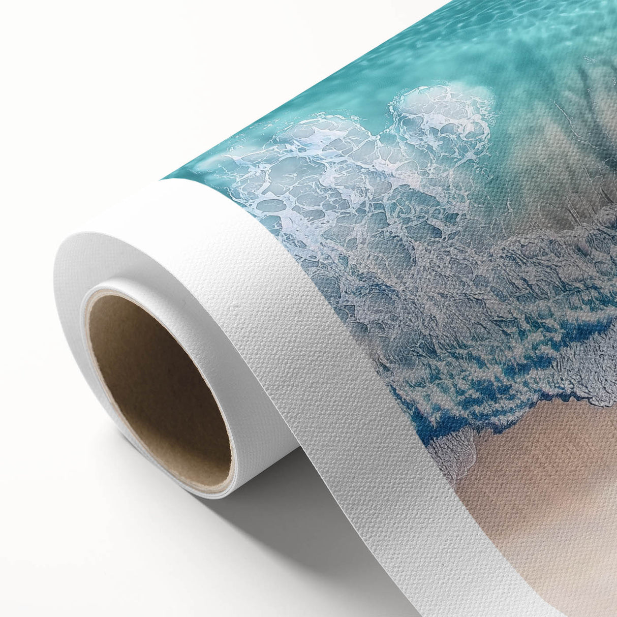 Vibrant rolled canvas depicting a serene beach landscape with soft waves and sandy shores, presented in a protective cardboard tube for safe shipping.