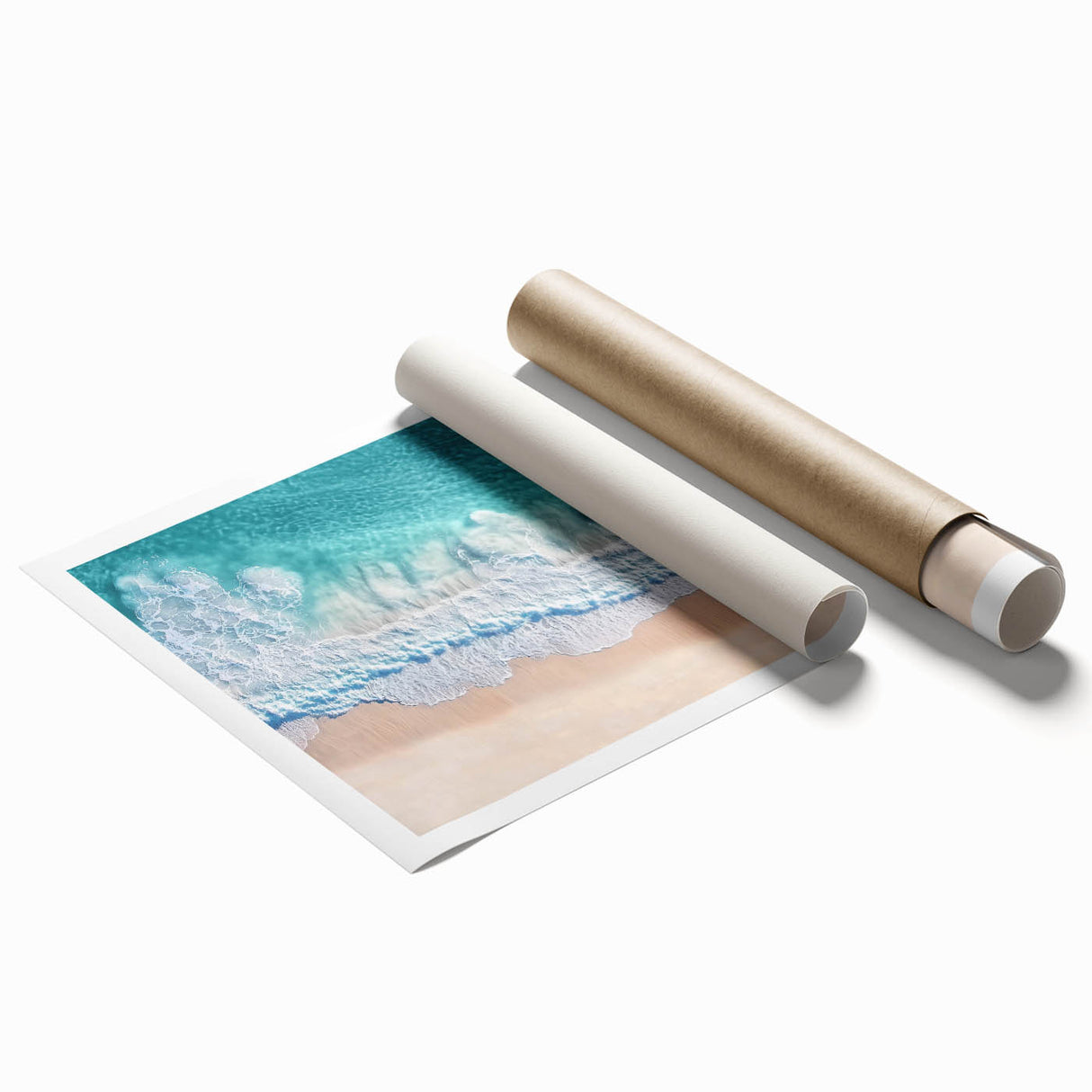 Vibrant rolled print showcasing a serene beach landscape with soft waves and golden sand, elegantly packaged in a protective cardboard tube for easy display.