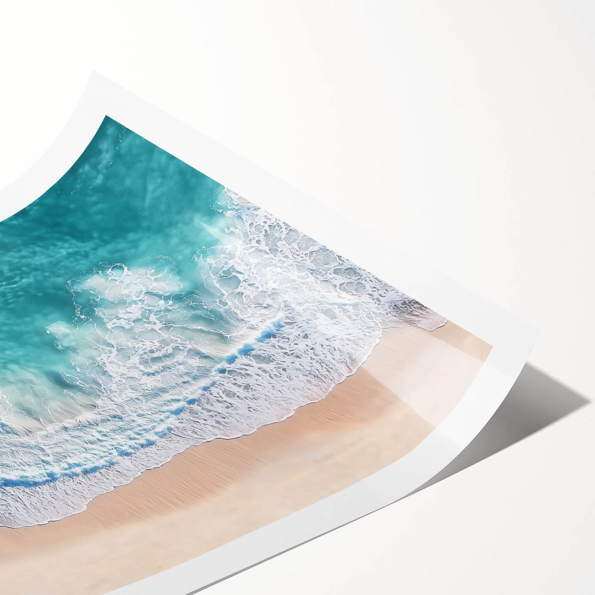 Vibrant rolled landscape print showcasing a serene beach scene with soft waves and golden sands, perfect for coastal home decor. Packaged securely in a tube for safe delivery.