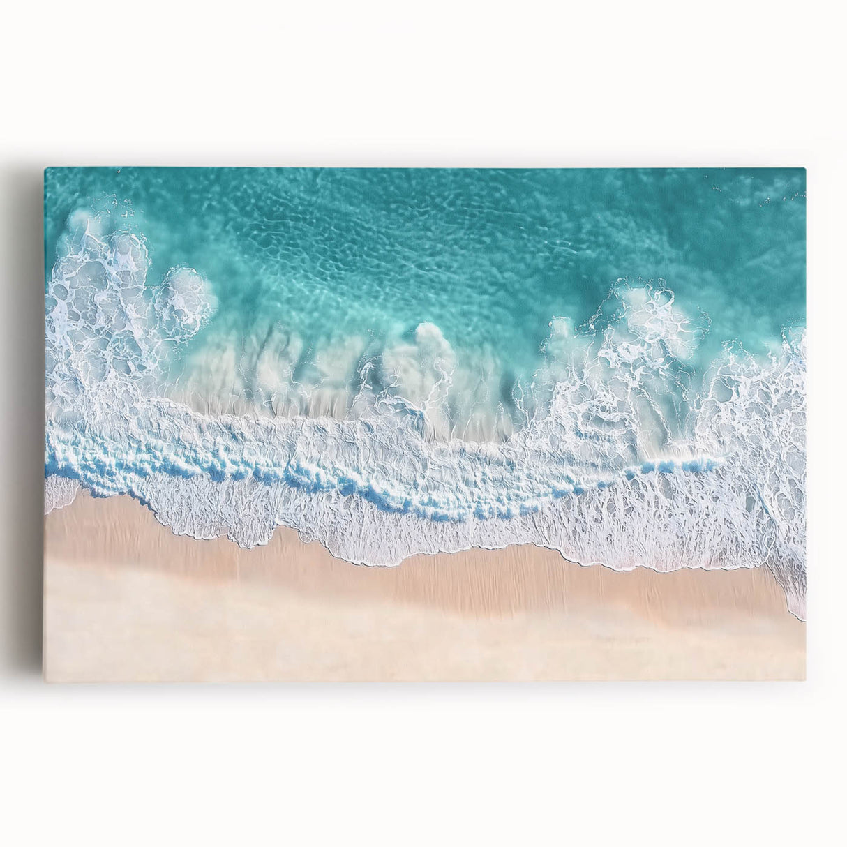 Stretched canvas artwork depicting a serene beach landscape with soft waves and a pastel sky. Ideal for coastal-themed decor, enhancing relaxation in any space.