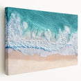 Stretched canvas artwork depicting a vibrant beach landscape in warm hues, showcasing rolling waves and palm trees, ideal for coastal home decor.