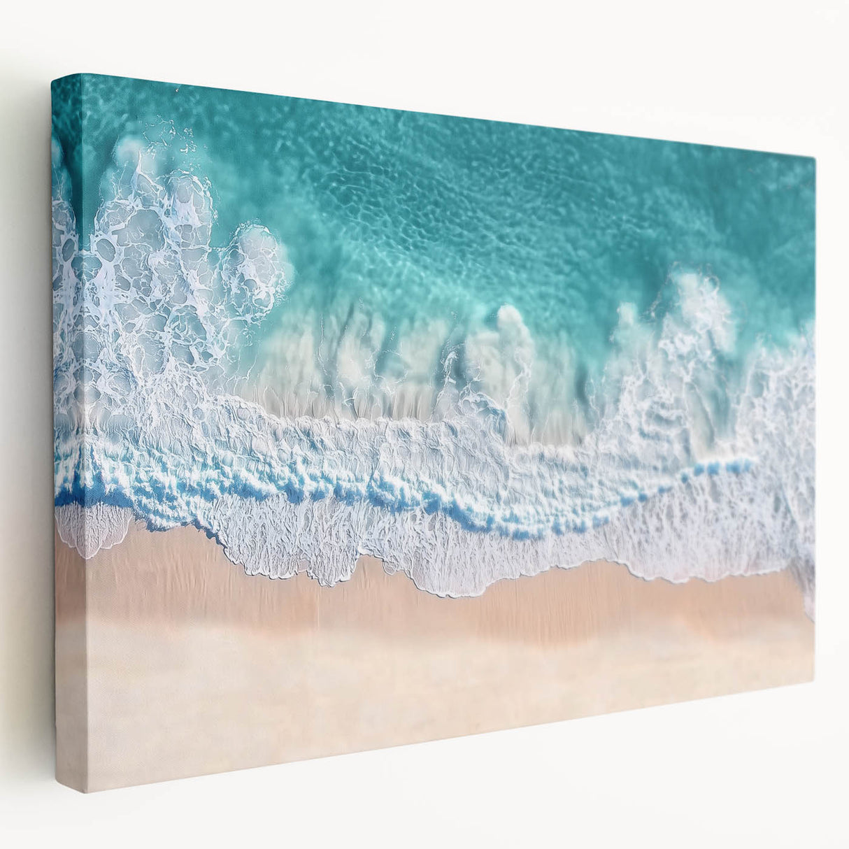 Stretched canvas artwork depicting a vibrant beach landscape in warm hues, showcasing rolling waves and palm trees, ideal for coastal home decor.