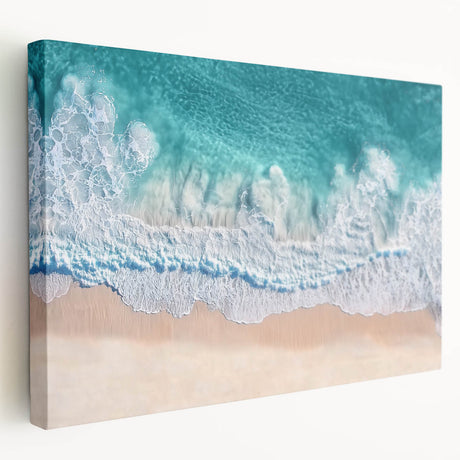 Stretched canvas artwork depicting a vibrant beach landscape in warm hues, showcasing rolling waves and palm trees, ideal for coastal home decor.