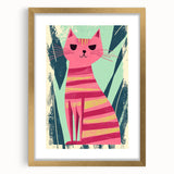 Retro Striped Cat Illustration - Playroom Wall Art