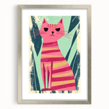 Retro Striped Cat Illustration - Playroom Wall Art