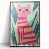 Retro Striped Cat Illustration - Playroom Wall Art
