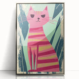 Retro Striped Cat Illustration - Playroom Wall Art