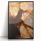 Large abstract wall art featuring swirling autumn colors on a black framed acrylic, ideal for modern living room decor.