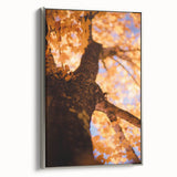 Framed canvas depicting a vintage-style landscape art painting with colorful trees in autumn hues.