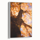Vintage poster art featuring an autumnal scene with rich orange and brown hues on a large framed canvas.