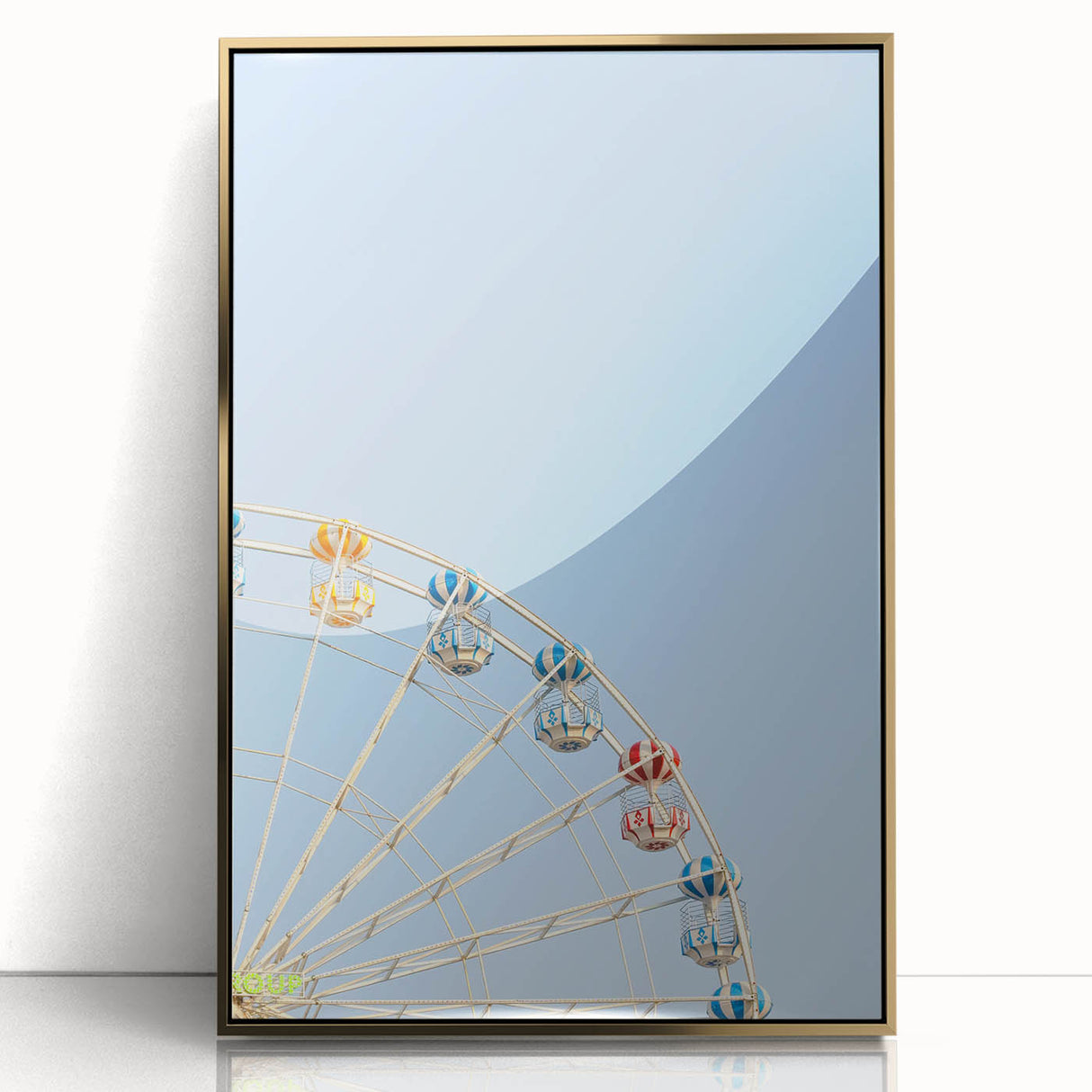 Large art print of a mid-century modernist summer scene in warm gold tones, acrylic framed, ideal for nursery wall decor.