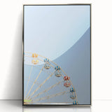Mid-century modernist art depicting summer theme in muted pastel shades on silver-framed acrylic.