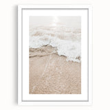 Abstract art print featuring swirls in muted blue and green tones on a white framed canvas, ideal for dining room decor.