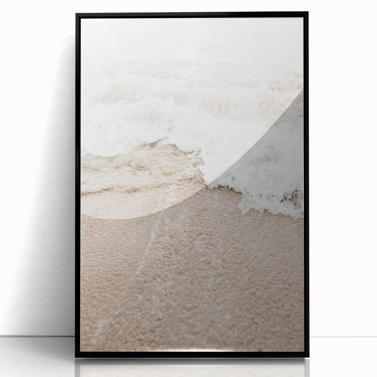 Large abstract wall art print featuring swirling blue and orange hues, framed in black acrylic.