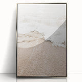 Mid-century modernist art featuring abstract shapes in pastel colors on a silver-framed acrylic print.