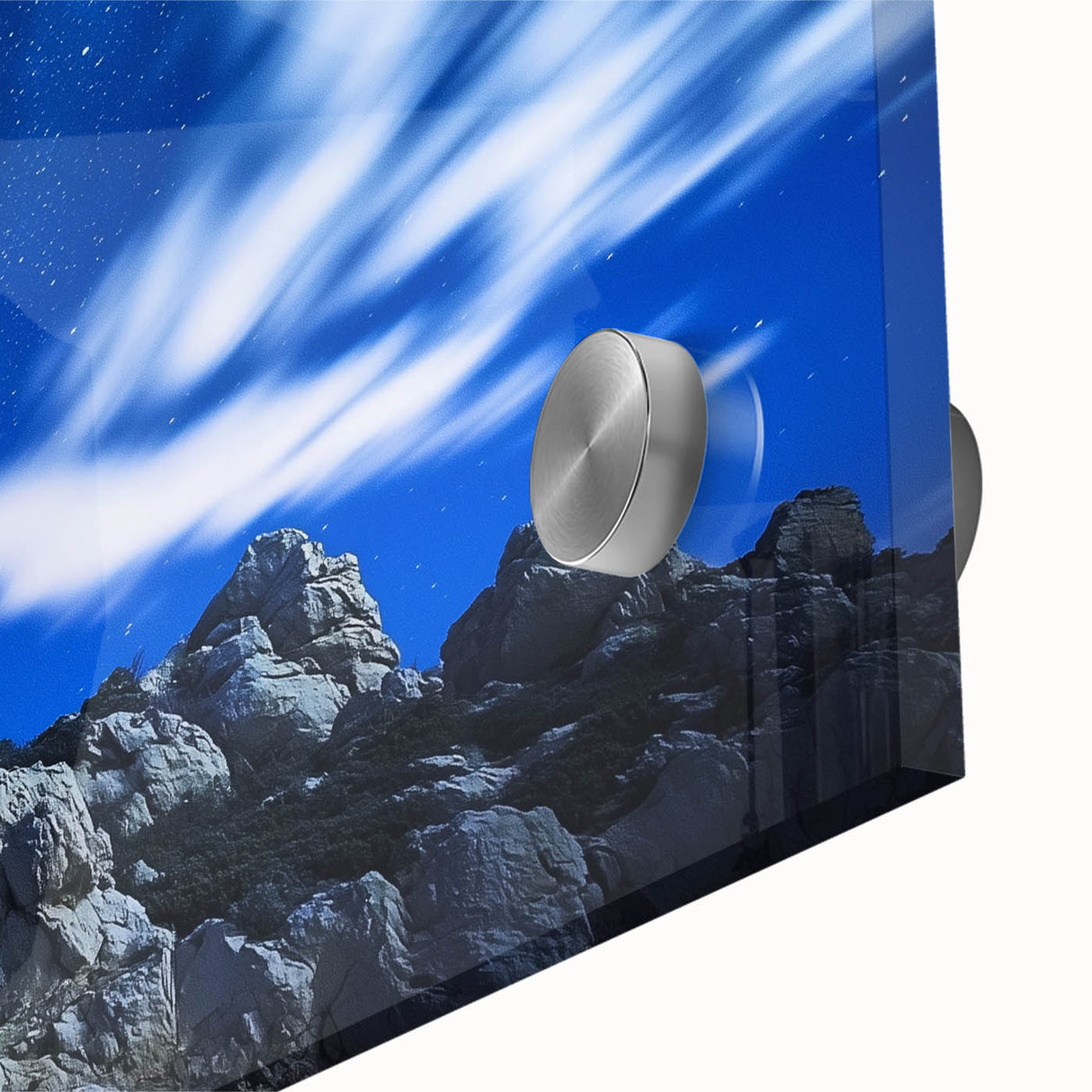 Close-up of an acrylic glass artwork depicting vibrant landscapes and rugged cliffs, showcasing intricate textures and rich colors, ideal for modern home decor.
