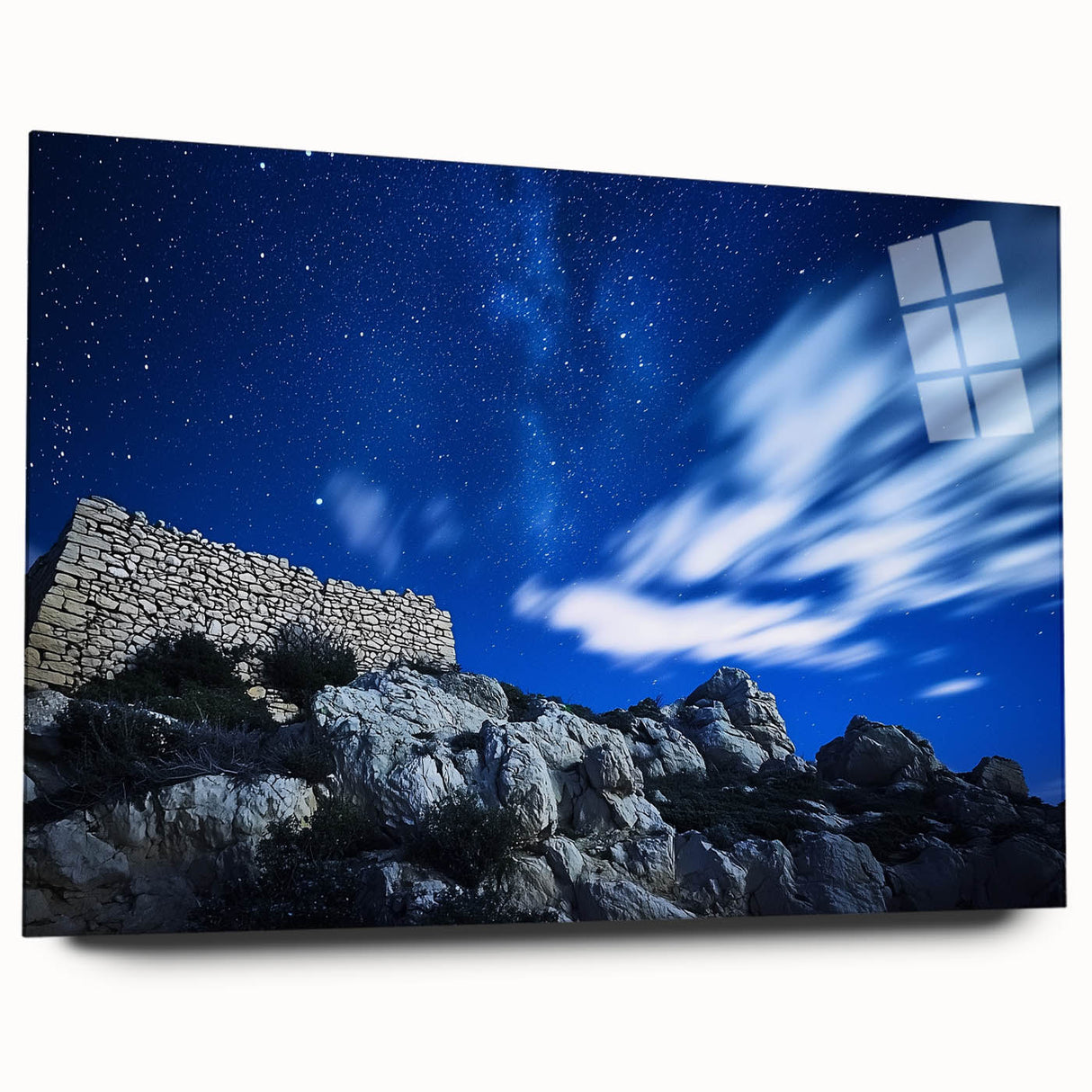 Acrylic landscape artwork depicting dramatic cliffs in vibrant colors, showcasing a side view design without pins, perfect for modern home decor.