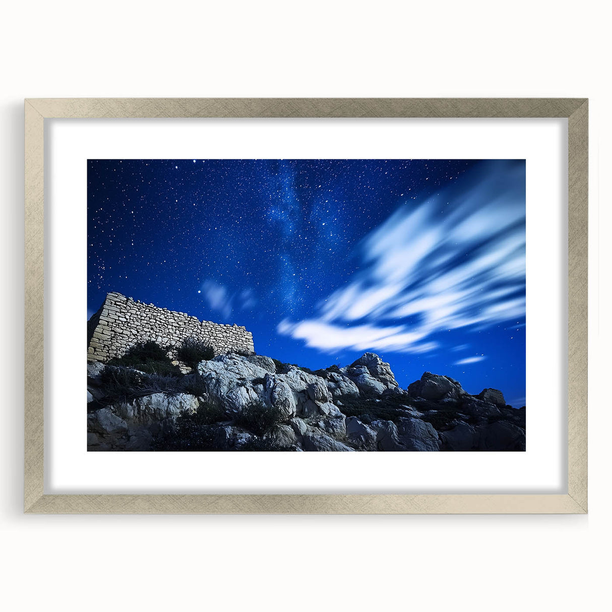 Framed landscape artwork depicting dramatic cliffs in a silver mat with a sleek front view, ideal for enhancing modern home decor. Perfect for nature lovers.