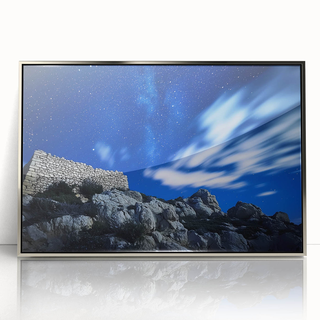 Framed acrylic artwork depicting dramatic cliffs under a sunset sky, showcasing vibrant colors and dynamic textures; perfect for enhancing modern home decor.