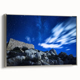 Framed canvas artwork showcasing stunning cliff landscapes with vibrant colors and intricate details, featuring a sleek silver frame, ideal for home decor.