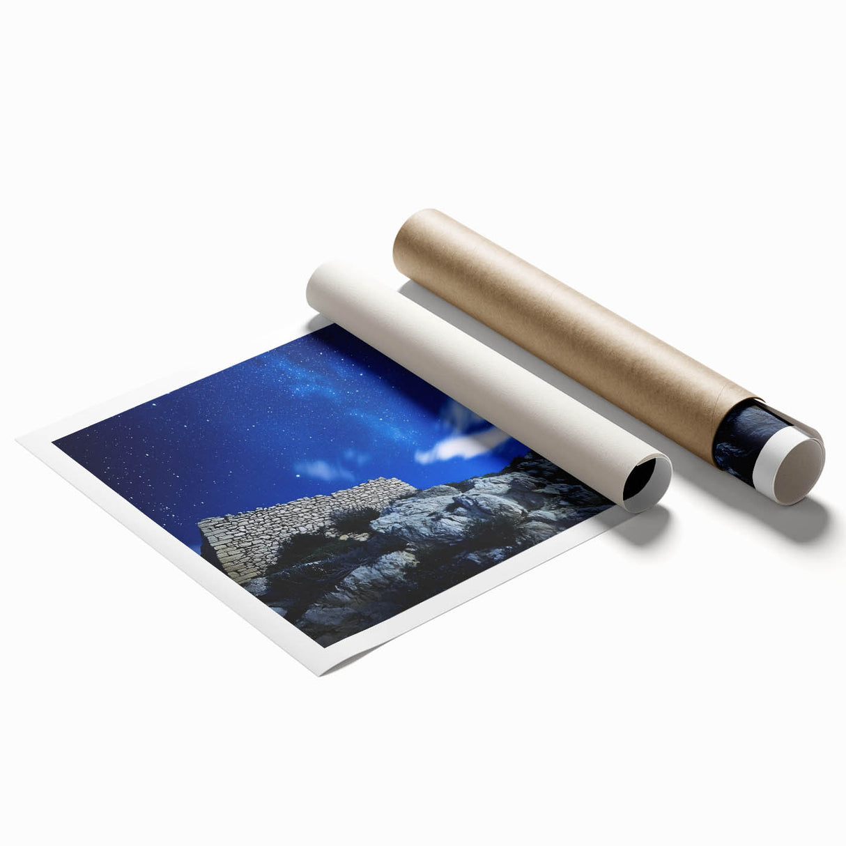 Vibrant rolled canvas print of a dramatic cliff landscape showcasing rich colors and intricate details, elegantly packaged in a protective cardboard tube. Perfect for home decor.
