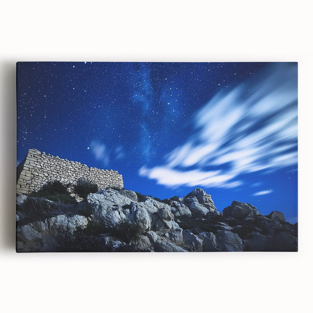 Stretched canvas artwork showcasing a dramatic cliff landscape with vibrant colors and detailed textures, perfect for enhancing modern home decor aesthetics.