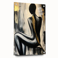 Abstract figurative acrylic artwork displayed in a modern glass frame, showcasing vibrant colors and dynamic shapes, perfect for contemporary home decor.
