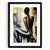 Abstract figurative black frame showcasing a modern art piece with a mat, featuring rich textures and intricate details, ideal for contemporary decor.