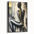 Framed abstract figurative canvas artwork displayed at a black side view, showcasing bold colors and modern design elements, perfect for contemporary decor.